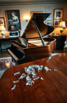 A beautiful baby grand piano with polished wood finish, elegantly placed in a softly lit room