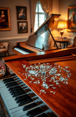 A beautiful baby grand piano with polished wood finish, elegantly placed in a softly lit room