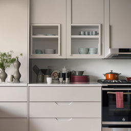 A contemporary kitchen setting showcasing a full set of crockery neatly arranged and a sleek microwave nestled within a dedicated cabinet.