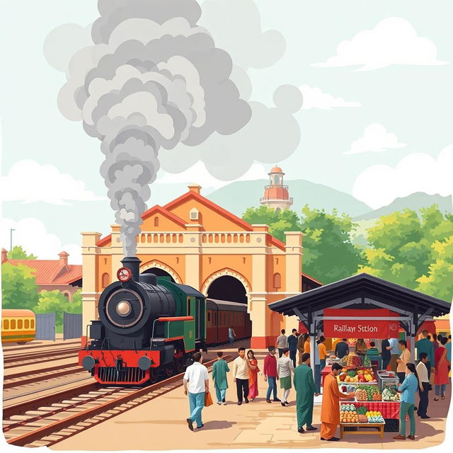 A creative illustration of Dera Nawab Railway Station, featuring its distinct architectural style and surroundings