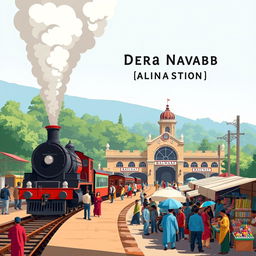 A creative illustration of Dera Nawab Railway Station, featuring its distinct architectural style and surroundings