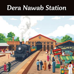 A creative illustration of Dera Nawab Railway Station, featuring its distinct architectural style and surroundings