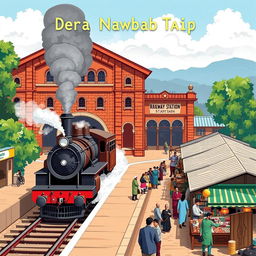 A creative illustration of Dera Nawab Railway Station, featuring its distinct architectural style and surroundings