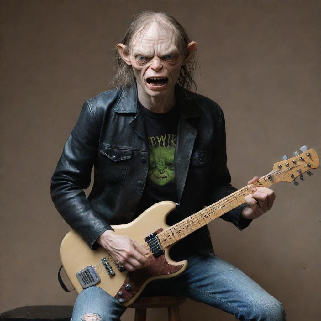 Rock-style interpretation of Gollum from the Lord of the Rings movie wearing a black leather jacket, vintage band t-shirt, torn jeans, and playing an electric guitar.