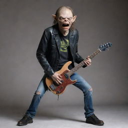 Rock-style interpretation of Gollum from the Lord of the Rings movie wearing a black leather jacket, vintage band t-shirt, torn jeans, and playing an electric guitar.