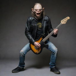 Rock-style interpretation of Gollum from the Lord of the Rings movie wearing a black leather jacket, vintage band t-shirt, torn jeans, and playing an electric guitar.