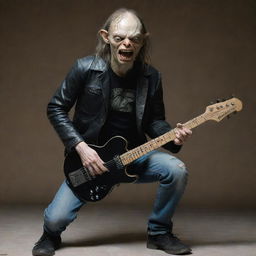 Rock-style interpretation of Gollum from the Lord of the Rings movie wearing a black leather jacket, vintage band t-shirt, torn jeans, and playing an electric guitar.