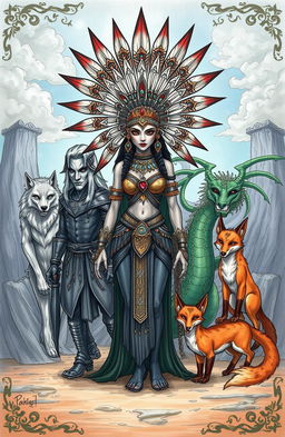 A stunning sketch of a demon Indian princess with an elaborate headdress, adorned with jewels and tribal symbols