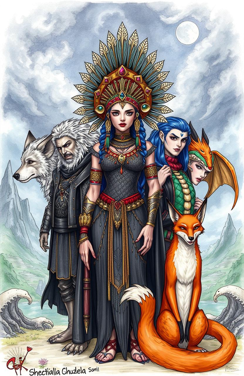 A stunning sketch of a demon Indian princess with an elaborate headdress, adorned with jewels and tribal symbols
