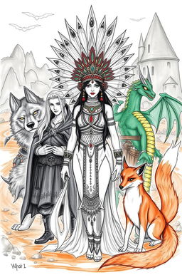 A stunning sketch of a demon Indian princess with an elaborate headdress, adorned with jewels and tribal symbols