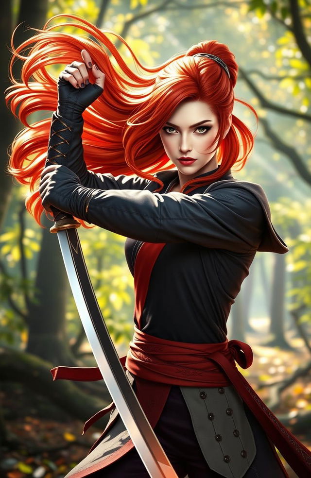 A dynamic female swordsmaster with striking ginger-red hair, showcasing her exceptional swordsmanship skills