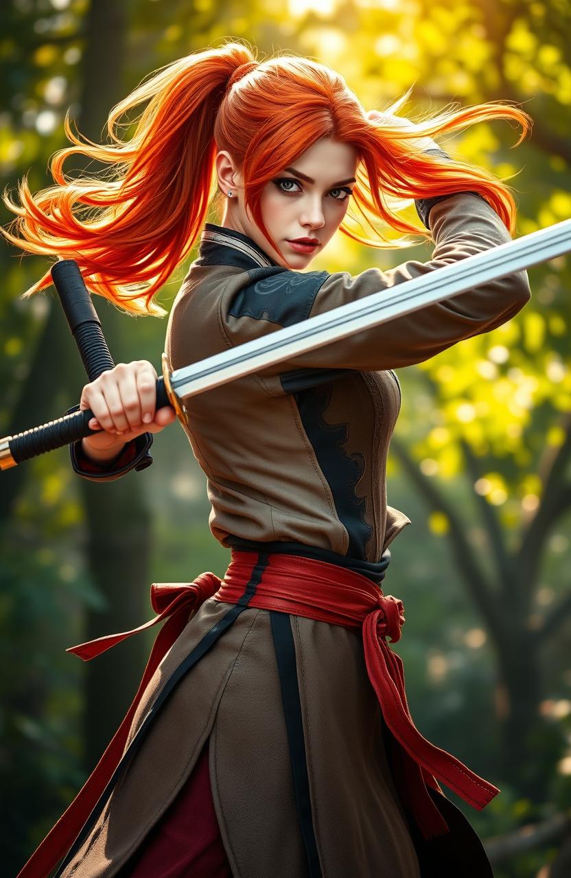 A dynamic female swordsmaster with striking ginger-red hair, showcasing her exceptional swordsmanship skills