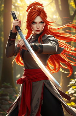 A dynamic female swordsmaster with striking ginger-red hair, showcasing her exceptional swordsmanship skills