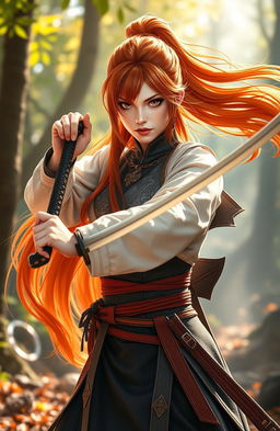 A dynamic female swordsmaster with striking ginger-red hair, showcasing her exceptional swordsmanship skills