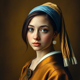 A portrait inspired by the famous painting "Girl with a Pearl Earring," featuring a young woman with a calm expression and captivating eyes, wearing a different yet elegant outfit