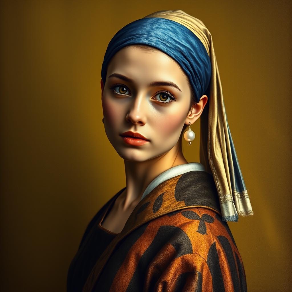 A portrait inspired by the famous painting "Girl with a Pearl Earring," featuring a young woman with a calm expression and captivating eyes, wearing a different yet elegant outfit