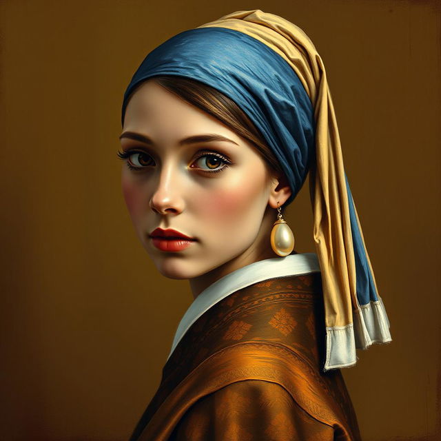 A portrait inspired by the famous painting "Girl with a Pearl Earring," featuring a young woman with a calm expression and captivating eyes, wearing a different yet elegant outfit