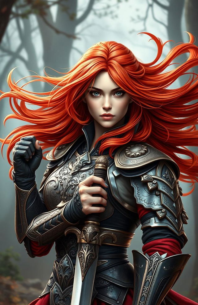 A powerful and skilled female swordsmaster with striking ginger-red hair, her hair flowing dramatically in the wind as she stands ready for battle