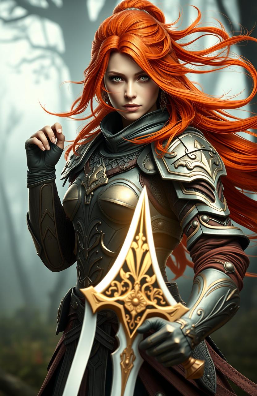 A powerful and skilled female swordsmaster with striking ginger-red hair, her hair flowing dramatically in the wind as she stands ready for battle