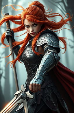 A powerful and skilled female swordsmaster with striking ginger-red hair, her hair flowing dramatically in the wind as she stands ready for battle