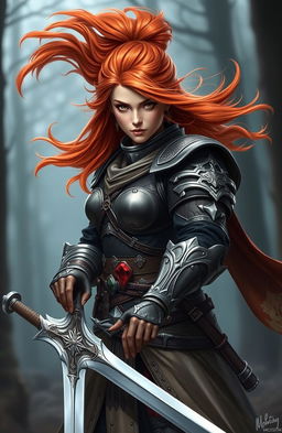 A powerful and skilled female swordsmaster with striking ginger-red hair, her hair flowing dramatically in the wind as she stands ready for battle