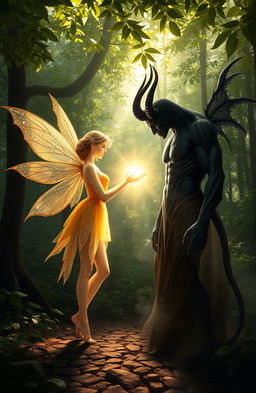 In a magical forest, a fairy and a demon stand together, embodying the balance of light and darkness