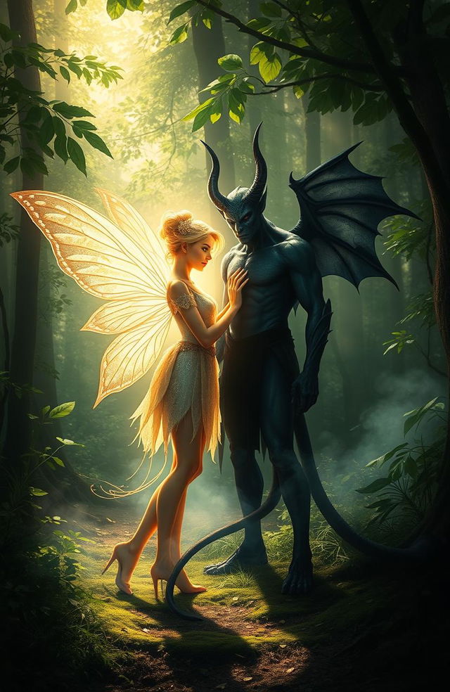 In a magical forest, a fairy and a demon stand together, embodying the balance of light and darkness