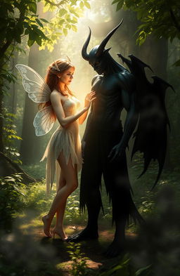 In a magical forest, a fairy and a demon stand together, embodying the balance of light and darkness