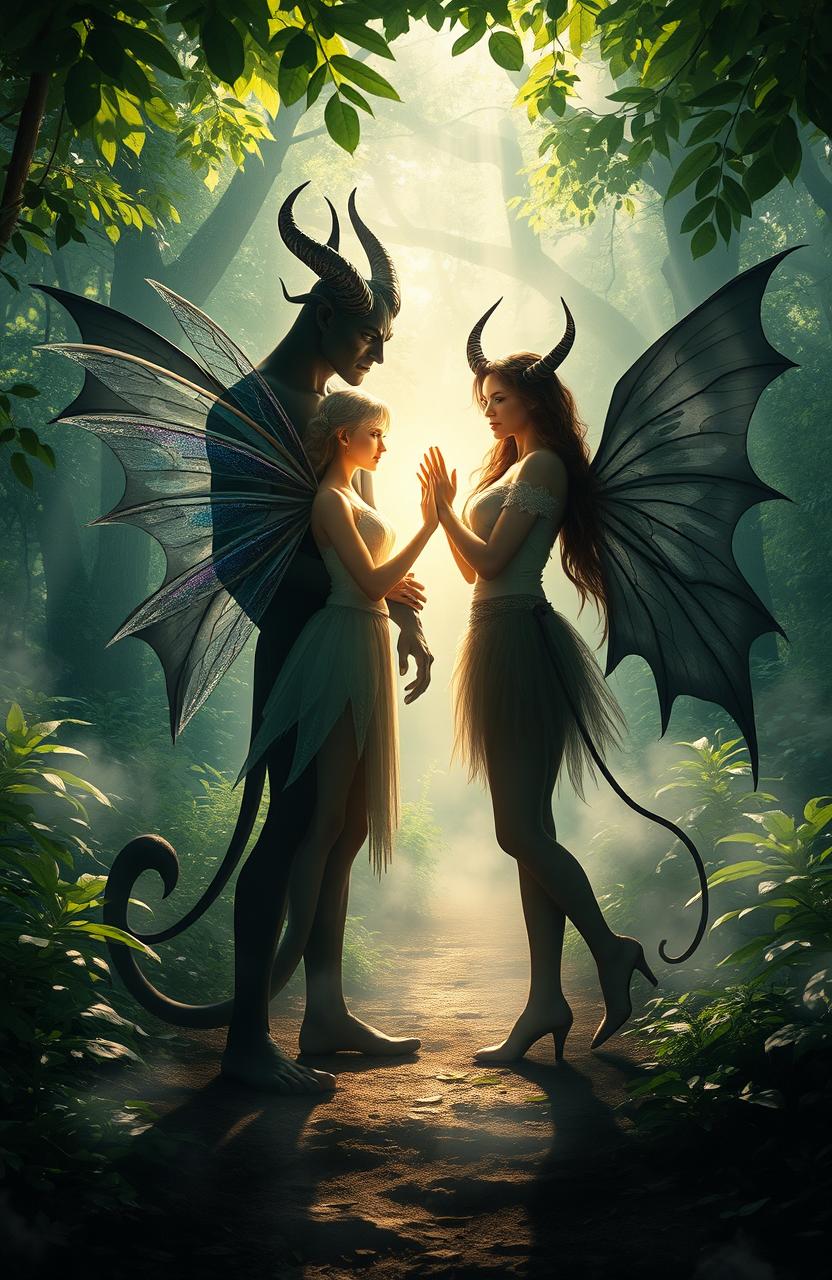 In a magical forest, a fairy and a demon stand together, embodying the balance of light and darkness