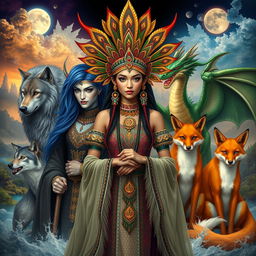 A striking portrayal of a demon Indian princess with an elaborate headdress and traditional attire, showcasing intricate patterns and vibrant colors