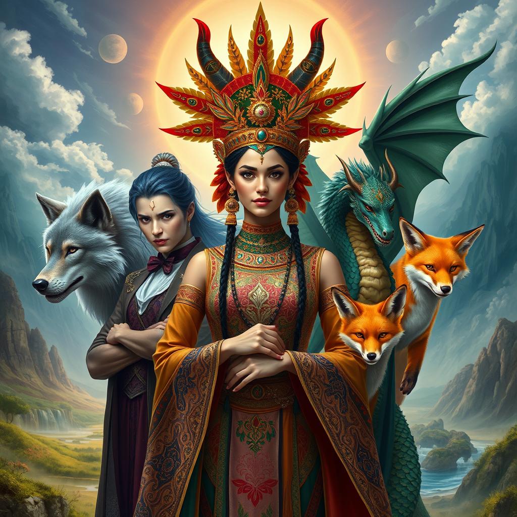 A striking portrayal of a demon Indian princess with an elaborate headdress and traditional attire, showcasing intricate patterns and vibrant colors