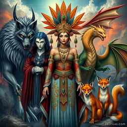 A striking portrayal of a demon Indian princess with an elaborate headdress and traditional attire, showcasing intricate patterns and vibrant colors