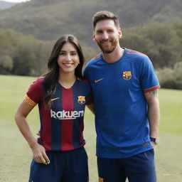 Lionel Messi and Georgina Rodriguez smiling together in a tranquil setting, with Messi wearing FC Barcelona colors and Georgina stylishly dressed.