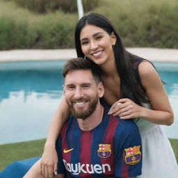 Lionel Messi and Georgina Rodriguez smiling together in a tranquil setting, with Messi wearing FC Barcelona colors and Georgina stylishly dressed.