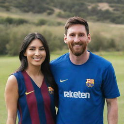 Lionel Messi and Georgina Rodriguez smiling together in a tranquil setting, with Messi wearing FC Barcelona colors and Georgina stylishly dressed.