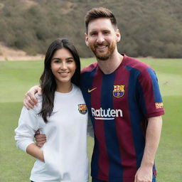 Lionel Messi and Georgina Rodriguez smiling together in a tranquil setting, with Messi wearing FC Barcelona colors and Georgina stylishly dressed.