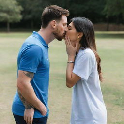 Lionel Messi and Georgina Rodriguez kissing. Make sure they are in casual clothing. Lionel Messi should be in a blue shirt, while Georgina should be in a summer dress. The background should be a park scene.