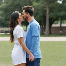 Lionel Messi and Georgina Rodriguez kissing. Make sure they are in casual clothing. Lionel Messi should be in a blue shirt, while Georgina should be in a summer dress. The background should be a park scene.