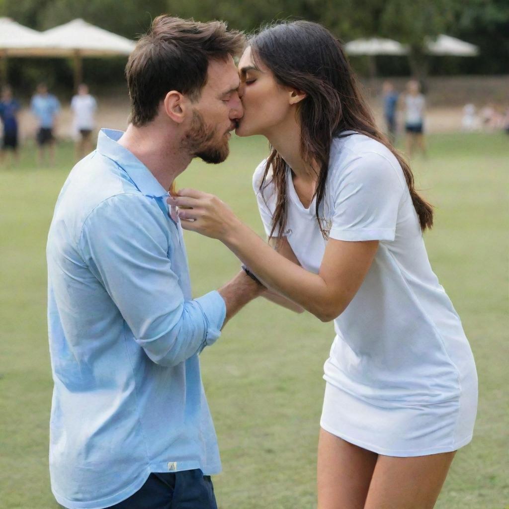 Lionel Messi and Georgina Rodriguez kissing. Make sure they are in casual clothing. Lionel Messi should be in a blue shirt, while Georgina should be in a summer dress. The background should be a park scene.