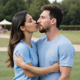 Lionel Messi and Georgina Rodriguez kissing. Make sure they are in casual clothing. Lionel Messi should be in a blue shirt, while Georgina should be in a summer dress. The background should be a park scene.