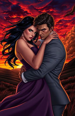 A passionate and intense scene capturing the duality of love and hate, featuring two contrasting characters locked in a fierce yet alluring embrace