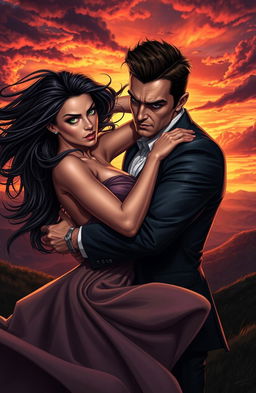 A passionate and intense scene capturing the duality of love and hate, featuring two contrasting characters locked in a fierce yet alluring embrace