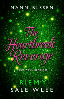 A visually striking book cover for 'The Heartbreak Revenge', featuring a lush, glittering green background that sparkles with a sense of intrigue and mystery