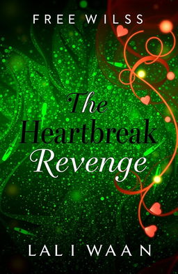 A visually striking book cover for 'The Heartbreak Revenge', featuring a lush, glittering green background that sparkles with a sense of intrigue and mystery