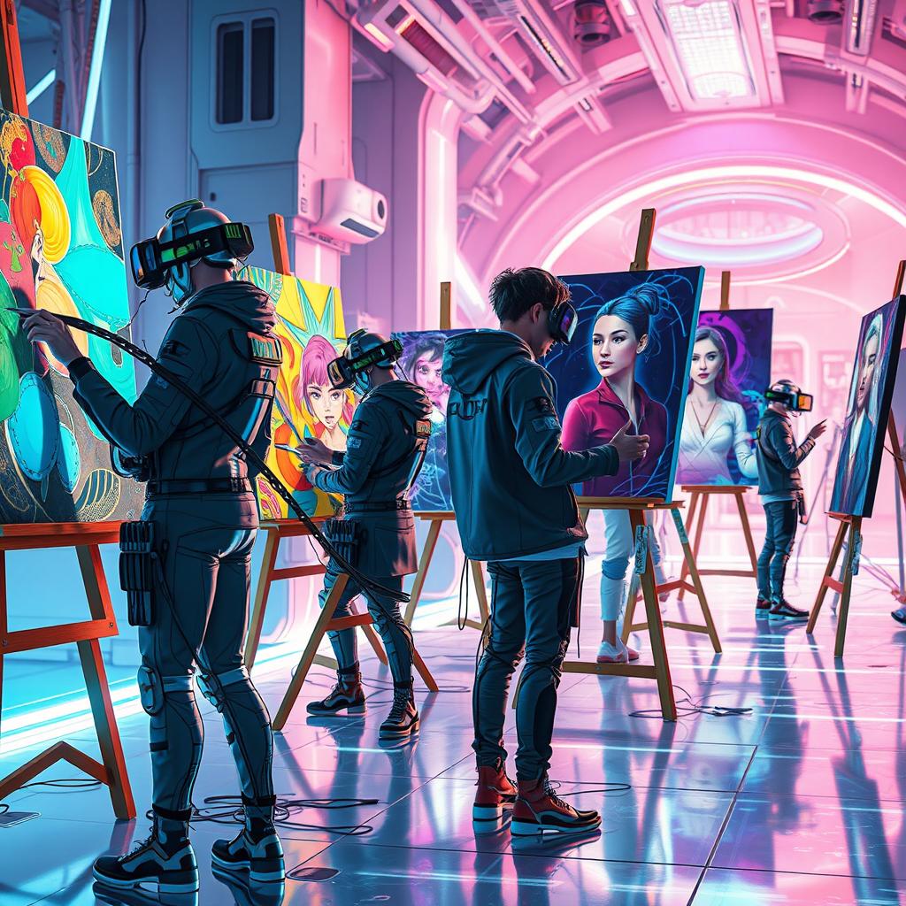 A futuristic scene depicting artists in a vibrant, high-tech environment, creating diverse and imaginative paintings that blend traditional techniques with modern technology