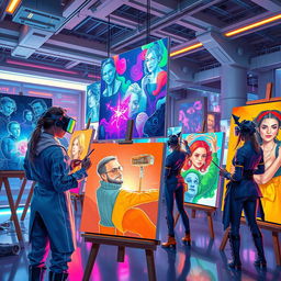 A futuristic scene depicting artists in a vibrant, high-tech environment, creating diverse and imaginative paintings that blend traditional techniques with modern technology