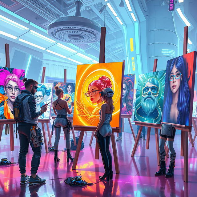 A futuristic scene depicting artists in a vibrant, high-tech environment, creating diverse and imaginative paintings that blend traditional techniques with modern technology