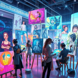 A futuristic scene depicting artists in a vibrant, high-tech environment, creating diverse and imaginative paintings that blend traditional techniques with modern technology