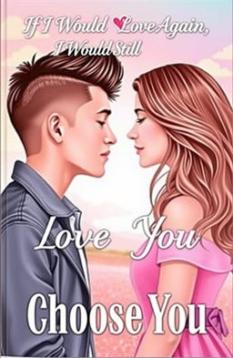A romantic book cover featuring a couple in love; one person has a stylish boycut hairstyle and is wearing a trendy outfit, while the other has long flowing hair, elegantly styled, dressed in a beautiful dress