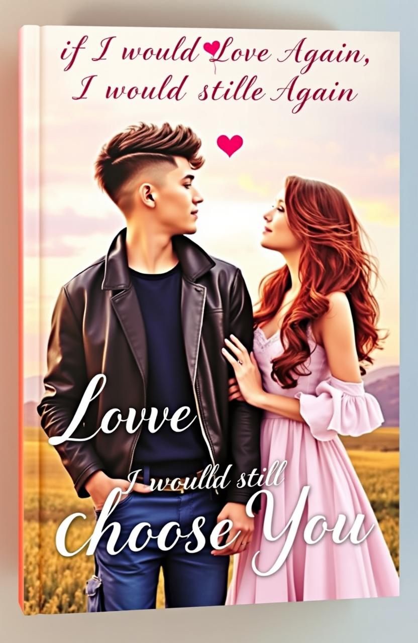 A romantic book cover featuring a couple in love; one person has a stylish boycut hairstyle and is wearing a trendy outfit, while the other has long flowing hair, elegantly styled, dressed in a beautiful dress